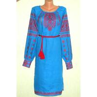 Suknia-wyszywanka handmade na niebieskim lenie