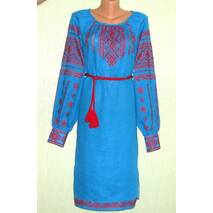 Suknia-wyszywanka handmade na niebieskim lenie