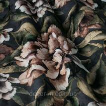 Dekoracyjna tkanka brunatne kwiaty z liśćmi na zielonym tle Hiszpania 87872v6