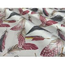 Декоративная ткань бордовые перья на светло-сером фоне 180см тефлон 88457v8