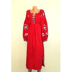Suknia-wyszywanka handmade na czerwonym lnu
