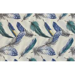 Декоративная ткань синие перья на светло-сером фоне 180см тефлон 88456v7