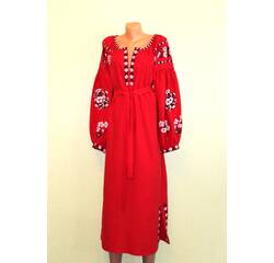 Suknia-wyszywanka handmade na czerwonym lnu
