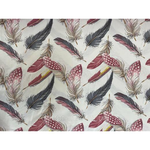 Декоративная ткань бордовые перья на светло-сером фоне 180см тефлон 88457v8